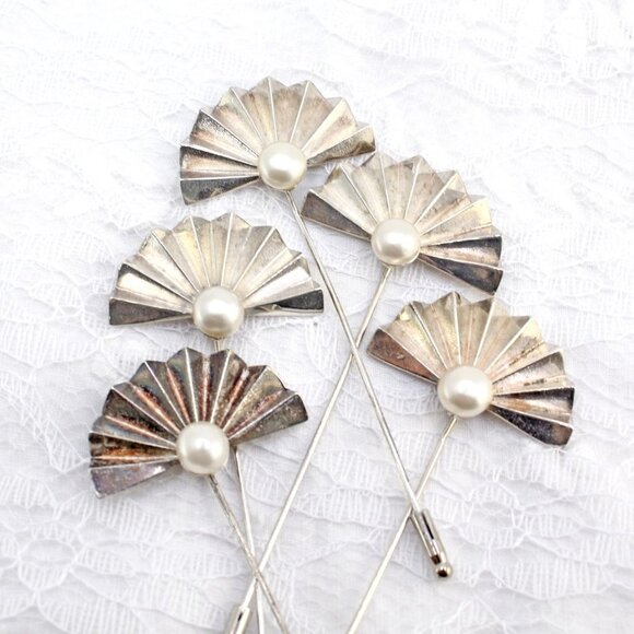 Pair of Vintage RODIER Art Deco Stick Pins, Silver Tone Fan Shape, Faux Pearl - Picture 4 of 9